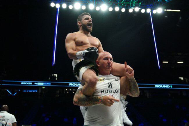 florian-marku-top-celebrates-with-trainer-grant-smith-after-victory-against-dylan-moran-in-the-welterweight-bout-via-knockout-at-the-ao-arena-manchester-picture-date-saturday-september-2-2023