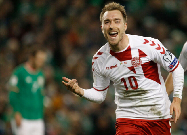 file-in-this-nov-14-2017-file-photo-denmarks-christian-eriksen-celebrates-after-scoring-his-sides-third-goal-during-the-world-cup-qualifying-second-leg-soccer-match-against-ireland-in-dublin