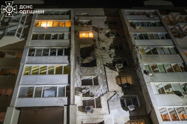 this-photo-provided-by-the-ukrainian-emergency-service-shows-a-residential-building-after-a-russian-drone-attack-in-odesa-ukraine-saturday-march-28-2026-ukrainian-emergency-service-via-ap
