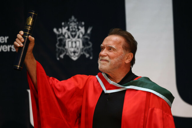 austrian-and-american-actor-businessman-politician-and-former-professional-bodybuilder-arnold-schwarzenegger-receives-an-honorary-doctorate-at-ulster-university-in-recognition-of-his-contributions