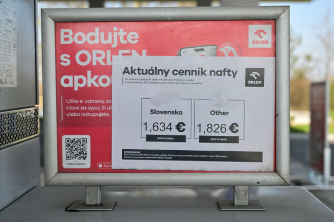 holic-slovakia-23rd-mar-2026-a-filling-station-with-information-about-double-price-for-diesel-in-holic-slovakia-pictured-on-march-23-2026-slovakia-started-to-apply-double-diesel-prices-at-pet