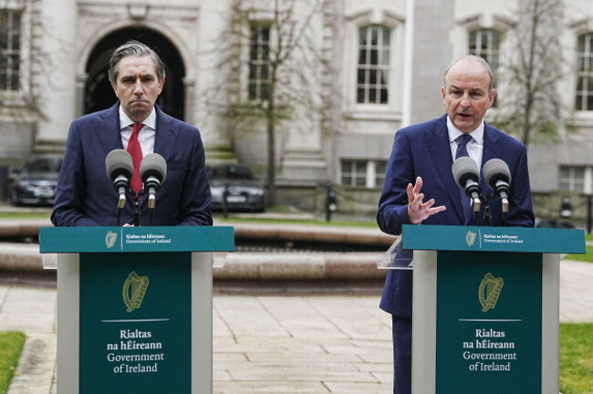 tanaiste-simon-harris-left-and-taoiseach-micheal-martin-speaking-to-the-media-in-the-courtyard-at-government-buildings-dublin-ahead-of-a-leaders-meeting-on-fuel-prices-picture-date-wednesday-apr