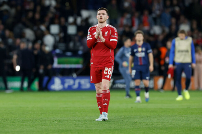 paris-paris-france-8th-apr-2026-andy-robertson-of-liverpool-fc-paying-tribute-to-supporters-of-liverpool-fc-after-the-uefa-champions-league-match-between-paris-saint-germain-and-liverpoll-fc-at-p