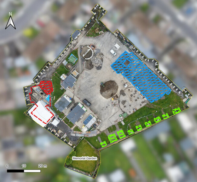 01 Overview of Tuam site, photo taken 31 March 2026 (white arrow shows North). Credit ODAIT.