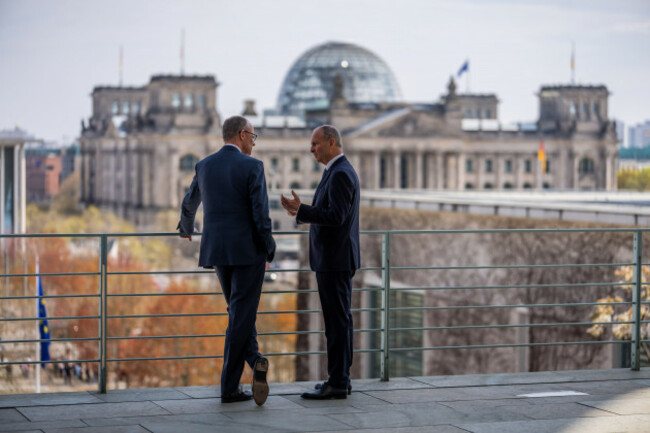 berlin-germany-16th-apr-2026-federal-chancellor-friedrich-merz-l-cdu-receives-irish-prime-minister-micheal-martin-in-the-federal-chancellery-ireland-will-take-over-the-eu-council-presidency-in