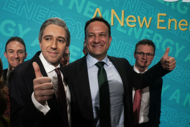 fine-gael-leader-simon-harris-left-and-taoiseach-leo-varadkar-at-the-82nd-fine-gael-ard-fheis-at-the-university-of-galway-picture-date-saturday-april-6-2024
