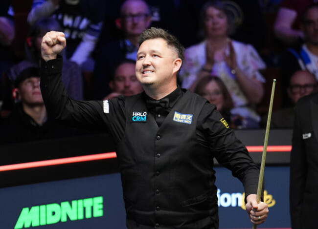kyren-wilson-celebrates-beating-stan-moody-on-day-three-of-the-halo-world-snooker-championship-2026-at-the-crucible-theatre-sheffield-picture-date-monday-april-20-2026