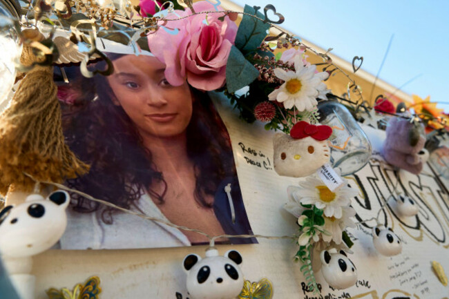 a-makeshift-memorial-for-celeste-rivas-hernandez-who-was-killed-and-found-inside-a-vehicle-owned-by-singer-d4vd-is-placed-outside-her-home-in-lake-elsinore-calif-on-tuesday-april-21-2026-ap-p