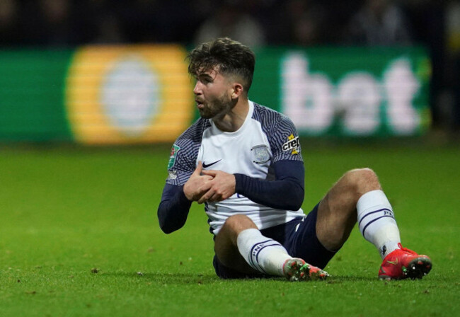 preston-north-ends-sean-maguire-reacts-during-the-english-league-cup-soccer-match-between-preston-north-end-and-liverpool-at-deepdale-stadium-in-preston-england-wednesday-oct-27-2021-ap-photo