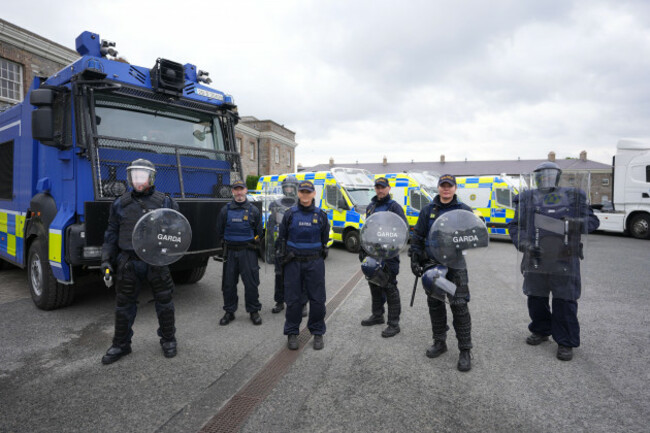 members-of-the-public-order-unit-next-to-a-water-cannon-at-the-garda-headquarters-in-phoenix-park-dublin-for-the-launch-of-the-transforming-an-garda-siochana-2018-2024-report-picture-date-monday