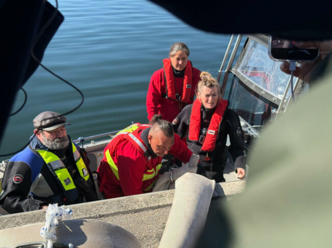 kirchdorf-germany-28th-apr-2026-pedro-veranda-l-r-danny-hilse-anne-herrschaft-and-kirsten-tonnies-members-of-the-rescue-initiative-make-their-way-to-the-whale-in-a-boat-for-the-rescue-attemp