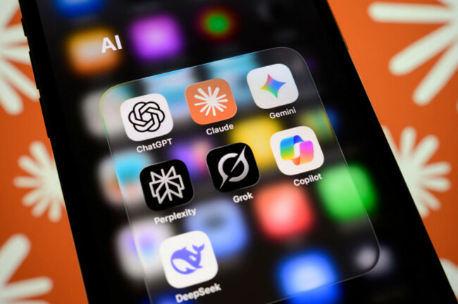 paris-france-march-5-2026-a-smartphone-screen-displaying-a-folder-of-ai-apps-including-chatgpt-claude-gemini-copilot-grok-and-deepseek