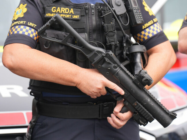 a-member-of-the-armed-support-unit-holding-a-40mm-less-lethal-projectile-launcher-at-the-garda-headquarters-in-phoenix-park-dublin-for-the-launch-of-the-transforming-an-garda-siochana-2018-2024-re