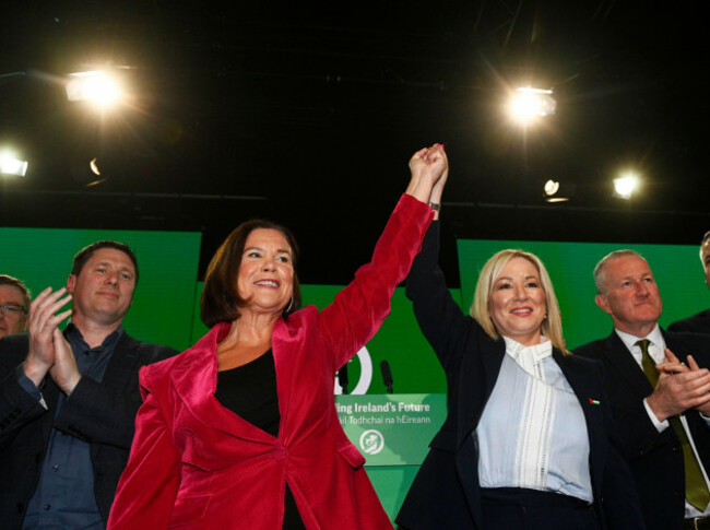sinn-fein-president-mary-lou-mcdonald-left-and-vice-president-michelle-oneill-during-the-partys-ard-fheis-annual-conference-at-international-convention-exhibition-centre-in-belfast-picture-da
