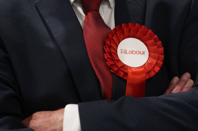 a-rosette-worn-by-a-labour-party-candidate-during-the-2026-essex-county-council-election-at-clacton-leisure-centre-in-essex-picture-date-friday-may-8-2026