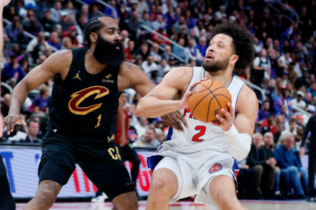 detroit-pistons-guard-cade-cunningham-2-looks-to-take-a-shot-against-cleveland-cavaliers-guard-james-harden-1-during-the-second-half-in-game-2-of-a-second-round-nba-playoffs-basketball-series-thur
