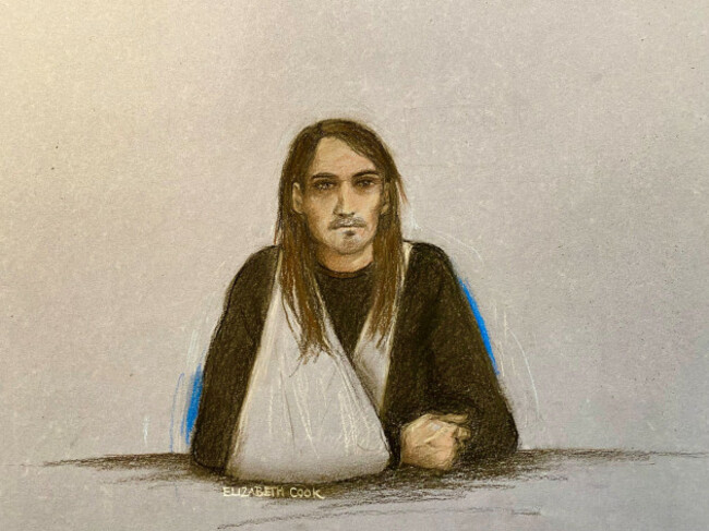 court-artist-sketch-by-elizabeth-cook-of-alex-jenkinson-appearing-at-westminster-magistrates-court-london-charged-with-two-counts-of-using-threatening-abusive-or-insulting-words-or-behaviour-to-ha