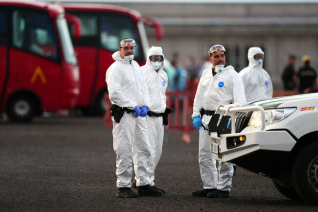 civil-guard-border-police-officers-following-the-arrival-of-hantavirus-stricken-cruise-ship-mv-hondius-at-the-port-of-granadilla-in-tenerife-canary-islands-spain-sunday-may-10-2026-ap-photo