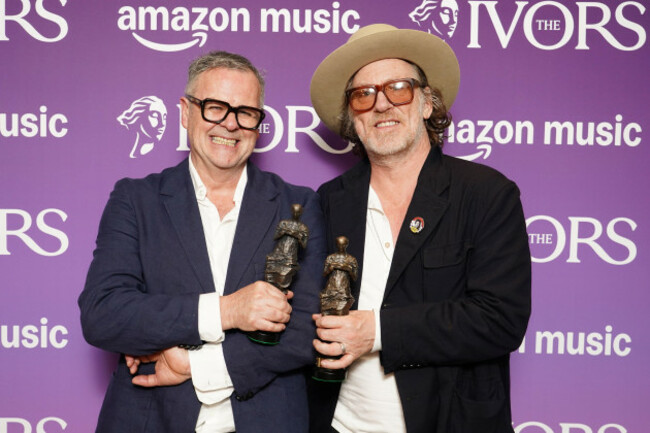 brian-irvine-left-and-david-holmes-with-their-best-television-soundtrack-award-for-trespasses-at-the-ivor-novello-awards-at-grosvenor-house-in-london-picture-date-thursday-may-21-2026