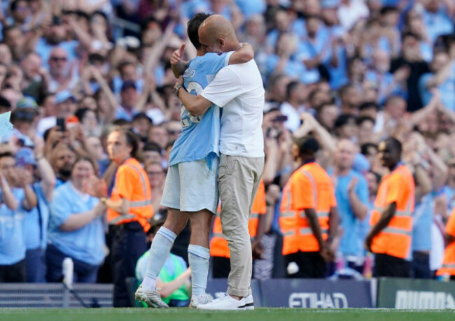 manchester-uk-24th-may-2026-emotional-bernardo-silva-of-manchester-city-and-pep-guardiola-coach-of-manchester-city-exchange-hugs-bother-are-leaving-the-club-during-the-manchester-city-vs-aston-vil