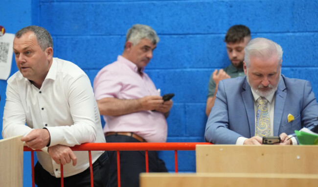 left-to-right-noel-thomas-independent-ireland-candidate-with-party-colleagues-richard-odonoghue-td-and-ken-oflynn-td-as-counting-continues-at-the-galway-count-centre-in-salthill-during-the-gal