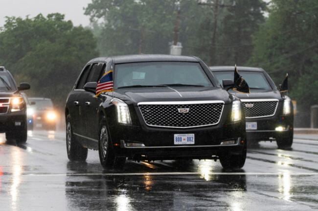 corrects-date-presidential-vehicle-in-a-motorcade-carrying-president-donald-trump-drives-in-front-of-the-walter-reed-national-military-medical-center-from-the-white-house-tuesday-may-26-2026-in-b