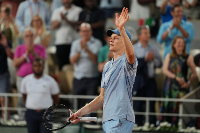 jannik-sinner-of-italy-celebrates-after-winning-the-first-round-mens-singles-tennis-match-against-clement-tabur-of-france-at-the-french-open-tennis-tournament-in-paris-tuesday-may-26-2026-ap-pho