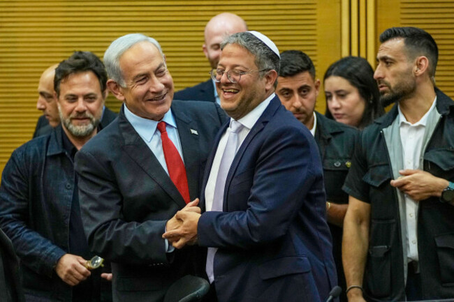file-israeli-prime-minister-benjamin-netanyahu-and-israels-national-security-minister-itamar-ben-gvir-smile-in-the-knesset-israels-parliament-in-jerusalem-may-23-2023-ap-photoohad-zwigenberg