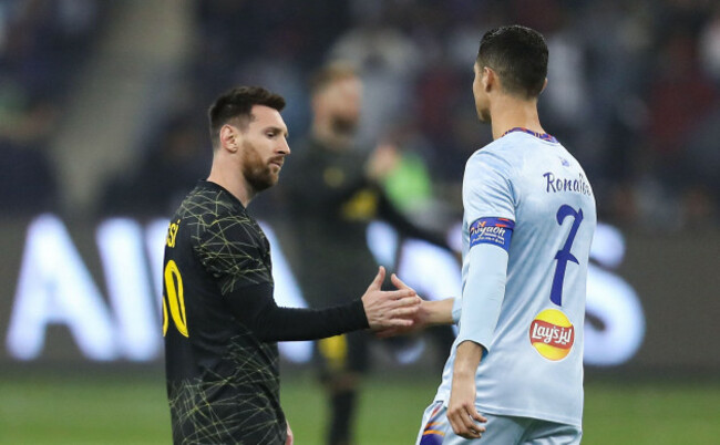 lionel-messi-l-and-cristiano-ronaldo-great-each-other-prior-riyadh-all-star-xi-vs-paris-saint-germain-fc-at-king-fahd-stadium-on-january-19-2023-in-riyadh-saudi-arabia-photo-by-stringer-power-sp