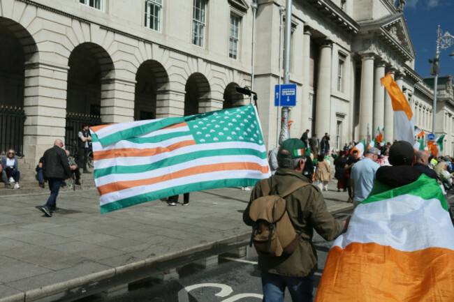 dublin-ireland-26th-april-2025-an-irish-themed-flag-with-shamrocks-inspired-by-the-usa-national-stars-and-stripes-flag-during-the-national-protest-for-ireland-anti-immigration-policy-march-in-du