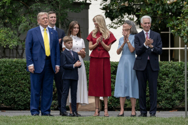 washington-united-states-18th-june-2025-us-president-donald-trump-alongside-newly-sworn-in-ambassador-to-france-charles-kushner-right-looks-on-as-a-us-flag-is-raised-on-a-newly-installed-flag-p