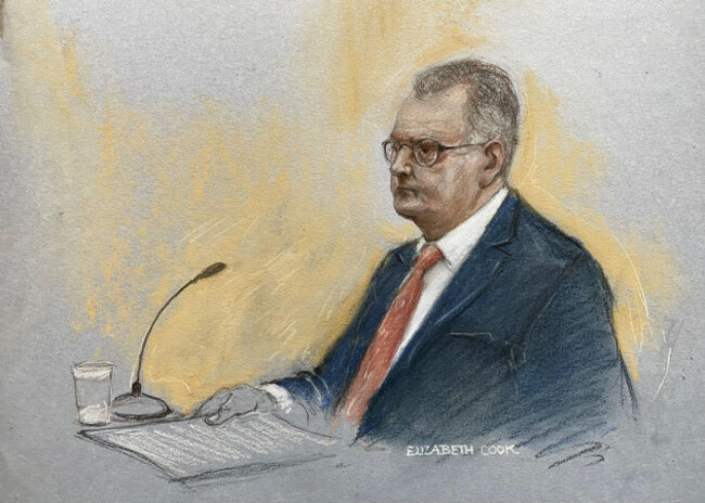 court-artist-drawing-by-elizabeth-cook-of-sir-jeffrey-donaldson-in-the-witness-box-at-newry-crown-court-where-he-and-his-wife-lady-eleanor-donaldson-are-accused-of-historical-sexual-offences-picture