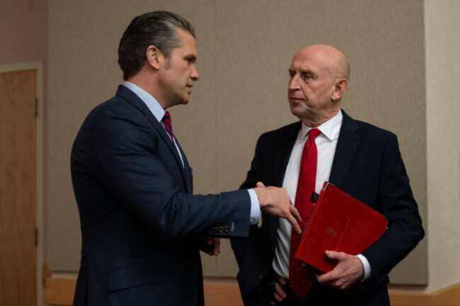 secretary-of-war-pete-hegseth-speaks-with-united-kingdom-secretary-of-state-for-defense-john-healey-after-a-trilateral-exchange-with-healey-and-australian-deputy-prime-minister-and-minister-of-de