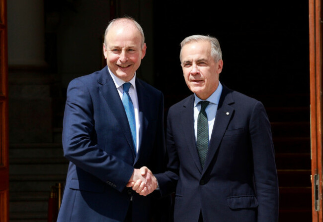 taoiseach-micheal-martin-td-left-greets-canadian-prime-minister-mark-carney-as-he-arrives-for-a-visit-to-government-buildings-in-dublin-as-part-of-his-visit-to-ireland-picture-date-saturday-june