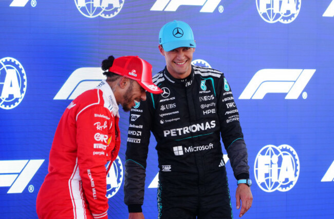 mercedes-george-russell-celebrates-qualifying-on-pole-with-ferraris-lewis-hamilton-during-qualifying-for-the-barcelona-catalunya-grand-prix-at-the-circuit-de-barcelona-catalunya-spain-picture-dat