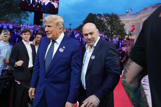 president-donald-trump-and-dana-white-ufc-president-and-ceo-arrive-for-ufc-freedom-250-on-the-south-lawn-of-the-white-house-sunday-june-14-2026-in-washington-ap-photomark-schiefelbein