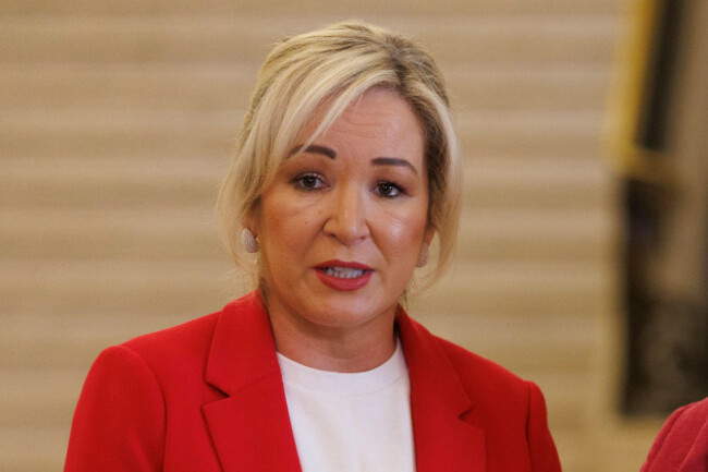 sinn-fein-vice-president-and-stormont-first-minister-michelle-oneill-speaking-during-a-press-conference-in-the-great-hall-of-parliament-buildings-at-stormont-belfast-picture-date-monday-june-15-2