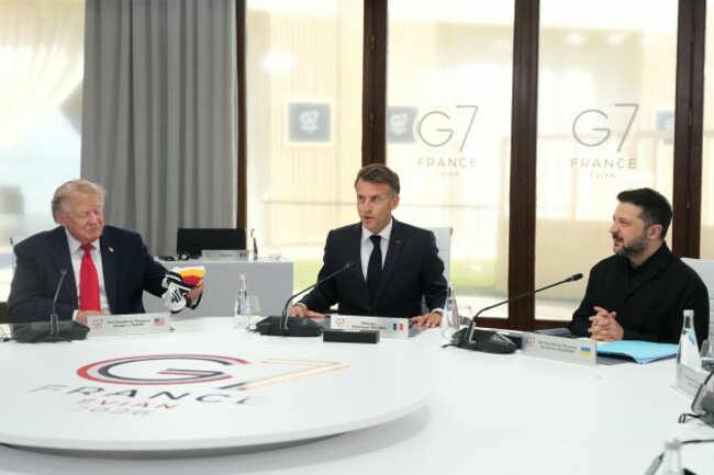 from-left-u-s-president-donald-trump-french-president-emmanuel-macron-and-ukrainian-president-volodymyr-zelenskyy-during-a-working-session-at-the-g7-summit-in-evian-les-bains-france-tuesday-june