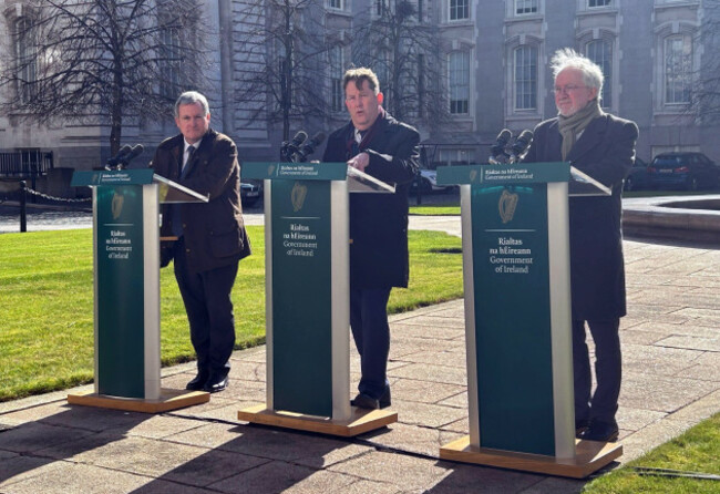 left-to-right-minister-of-state-kieran-odonnell-td-housing-minister-darragh-obrien-td-and-minister-for-heritage-malcolm-noonan-td-speak-on-the-eviction-moratorium-in-the-courtyard-of-government