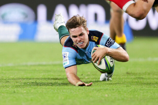 sydney-australia-april-02-will-harrison-of-the-waratahs-scores-a-try-during-the-round-seven-super-rugby-match-between-the-nsw-waratahs-and-act-brumbies-at-sydney-cricket-ground-on-april-02-2021-i