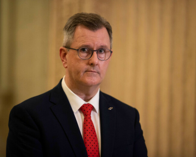 dup-leader-jeffrey-donaldson-mp-during-a-press-conference-in-the-great-hall-of-parliament-buildings-at-stormont-before-a-meeting-with-the-uks-chief-negotiator-of-task-force-europe-lord-frost-at-stor