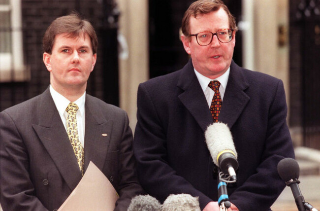 ulster-unionist-leader-david-trimble-right-and-unionist-mp-jeffrey-donaldson-speak-to-the-media-in-downing-street-today-friday-following-mr-trimbles-with-prime-minister-tony-blair-during-the-mee