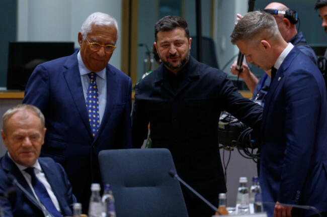 ukraines-president-volodymyr-zelenskyy-second-right-greets-hungarys-prime-minister-peter-magyar-right-next-to-european-council-president-antonio-costa-during-a-round-table-meeting-at-the-eu-summ