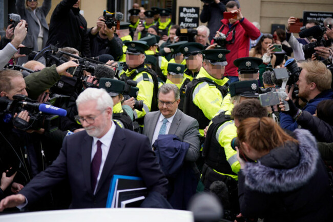 editors-note-image-pixellated-by-the-pa-picture-desk-for-the-protection-of-officers-of-the-psni-former-dup-leader-sir-jeffrey-donaldson-leaving-newry-magistrates-court-after-he-was-released-on-conti