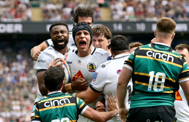 twickenham-united-kingdom-20th-june-2026-gallagher-prem-rugby-final-northampton-saints-v-exeter-chiefs-allianz-stadium-twickenham-try-scorer-dafydd-jenkins-c-exeter-chiefs-black-helmet-c