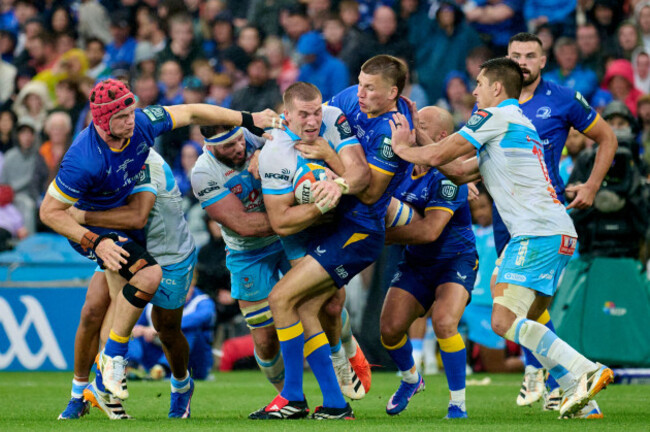 dublin-republic-of-ireland-19th-june-2026-handre-pollard-of-bulls-tackled-by-sam-prendergast-of-leinster-during-the-bkt-united-rugby-championship-grand-final-match-between-leinster-rugby-and-vodac