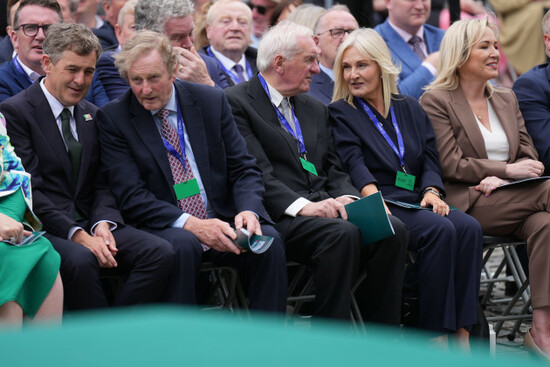 former-taoiseachs-enda-kenny-second-from-left-and-bertie-ahern-centre-with-sinn-fein-vice-president-and-stormont-first-minister-michelle-oneill-right-at-dublin-castle-in-dublin-during-the-open