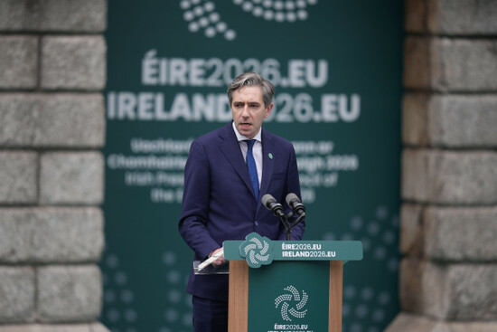 tanaiste-simon-harris-delivers-a-speech-at-dublin-castle-in-dublin-during-the-opening-ceremony-of-irelands-eu-presidency-picture-date-wednesday-july-1-2026