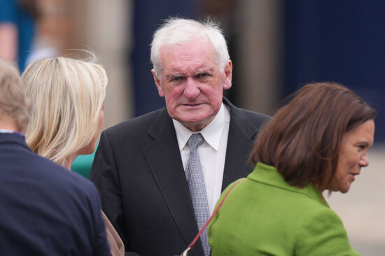 sinn-fein-vice-president-and-stormont-first-minister-michelle-oneill-left-and-sinn-fein-president-mary-lou-mcdonald-talking-to-former-taoiseach-bertie-ahern-at-dublin-castle-in-dublin-ahead-of-the