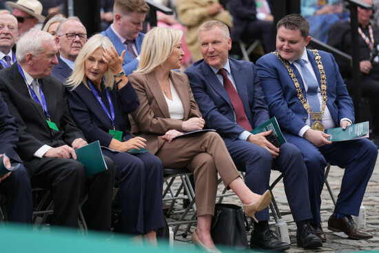 former-taoiseach-bertie-ahern-left-looks-on-as-sinn-fein-vice-president-and-stormont-first-minister-michelle-oneill-centre-speaks-to-michael-mcgrath-eu-commissioner-for-democracy-justice-the-r